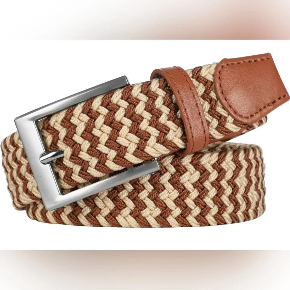 Adjustable From 44"-48" Waist Woven Belt Tan Cream Colored Silver Hardware - Picture 2 of 5